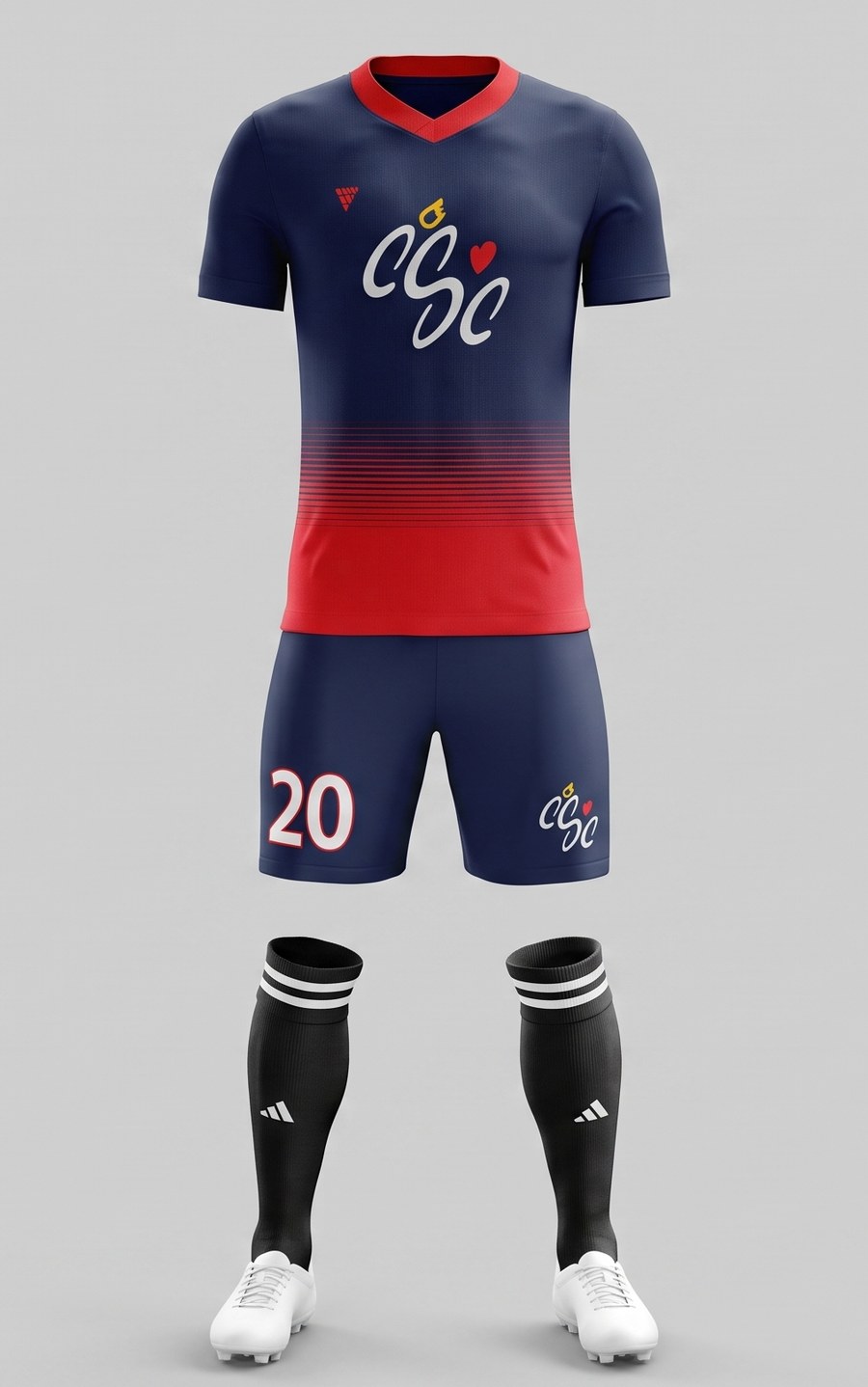 Uniforme de entrenamiento: camiseta azul marino con degradado rojo y logo CSC, short azul marino y medias negras