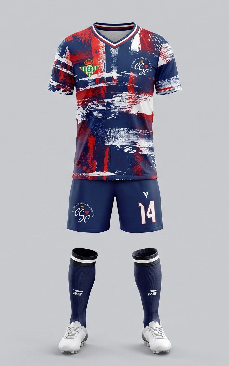 Uniforme de juego: camiseta azul, roja y blanca con los escudos del Real Betis y del colegio, short y medias azul marino